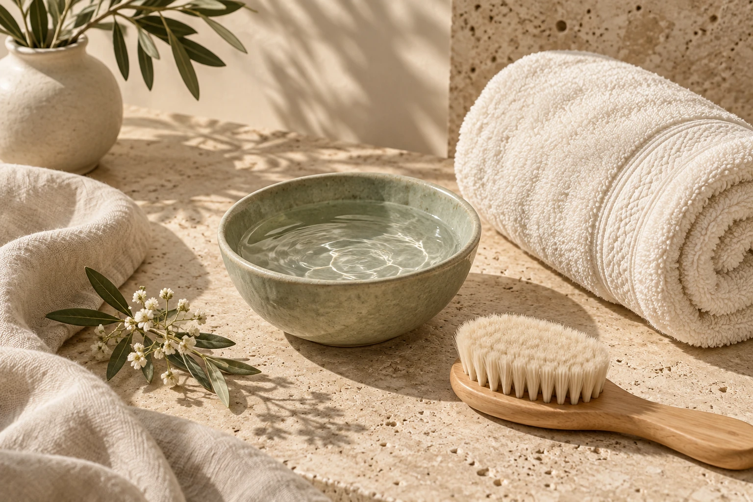 A soft towel, wooden baby brush and ceramic bowl