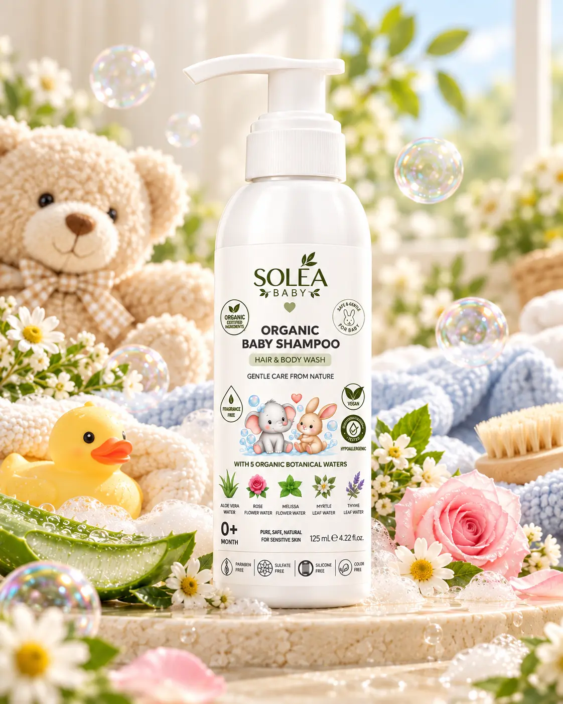 Baby bath essentials with bubbles and towels